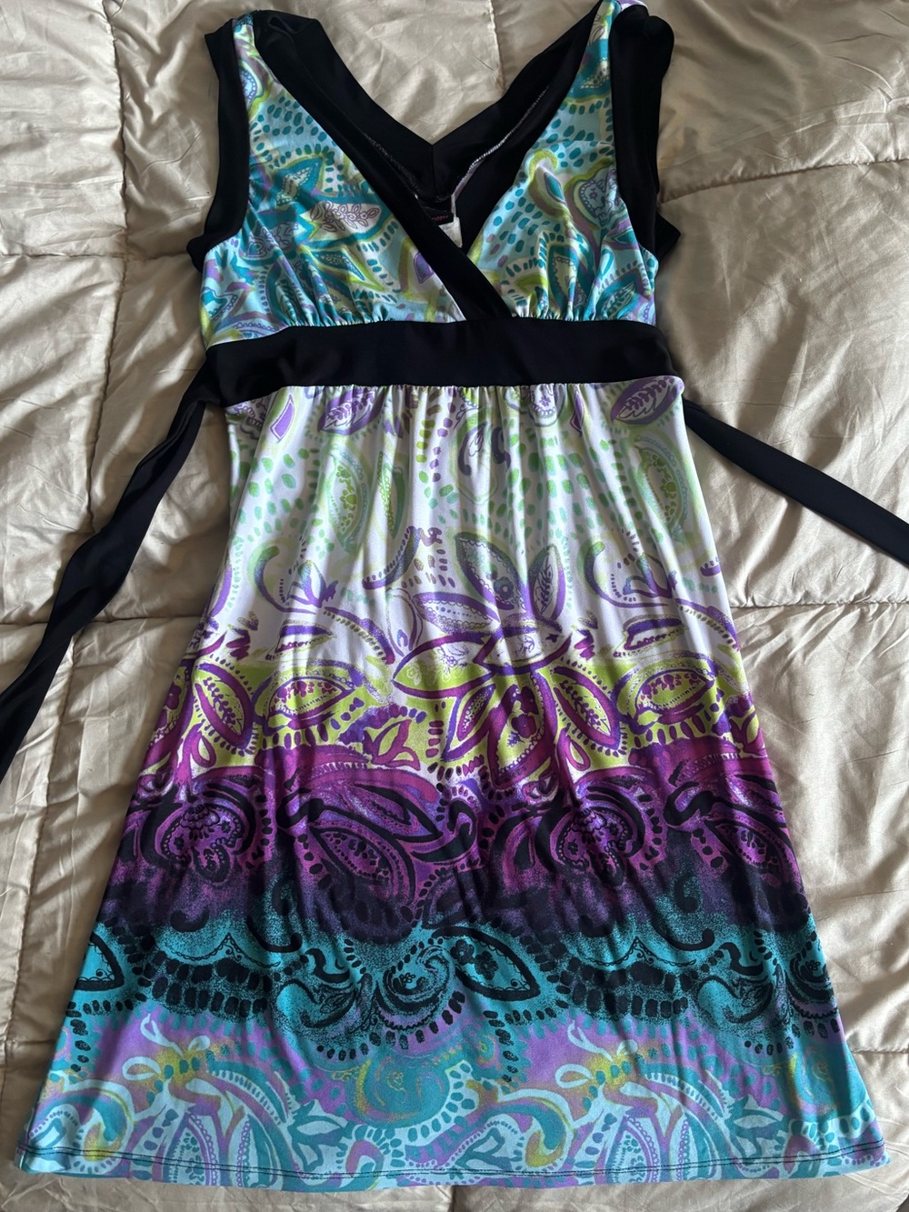 Wrapper Sleeveless V-Neck Paisley Ombre Dress in Teal, Purple, Lime & Black